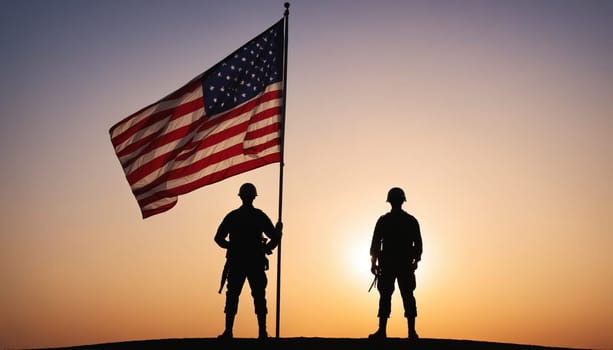 Two soldiers in silhouette stand at attention, holding a rifle and a flagpole, with an American flag waving in the wind. The sun is setting behind them, casting a golden glow on the sky.