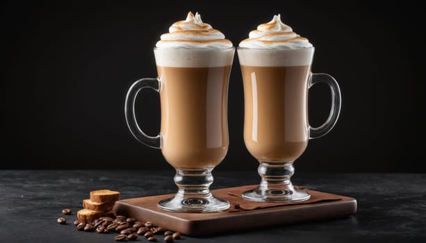 A tall glass filled with a creamy coffee drink, topped with a fluffy layer of foam, sits on a gray surface. Scattered around the glass are roasted coffee beans.
