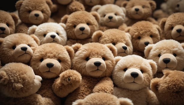 A large group of teddy bears are gathered together, their fuzzy faces turned towards the viewer. The bears are all different sizes and colors, but they share a common expression of playful curiosity. The image is soft and inviting, with a sense of warmth and happiness.