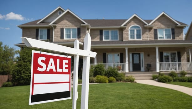 A two-story brick house with a porch and a large yard is for sale. A white for sale sign stands in the front yard with a red Sale sign attached. The sign is in focus while the house is slightly out of focus. The image is taken on a sunny day.