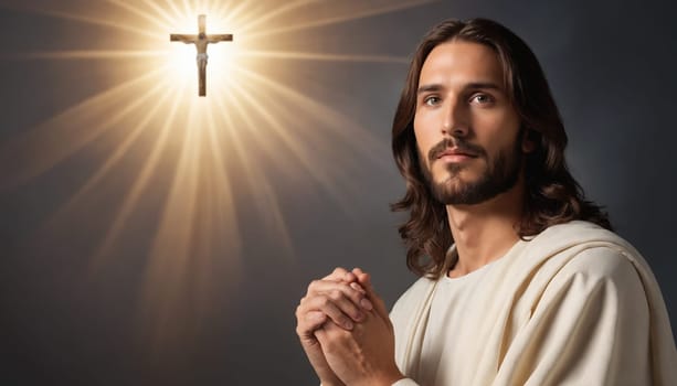 A portrait of a young Jesus Christ, with long brown hair and beard, dressed in a simple white robe, stands before a radiant, golden cross with his hands clasped in prayer. The image captures a moment of quiet contemplation and devotion, bathed in the soft light of heaven.