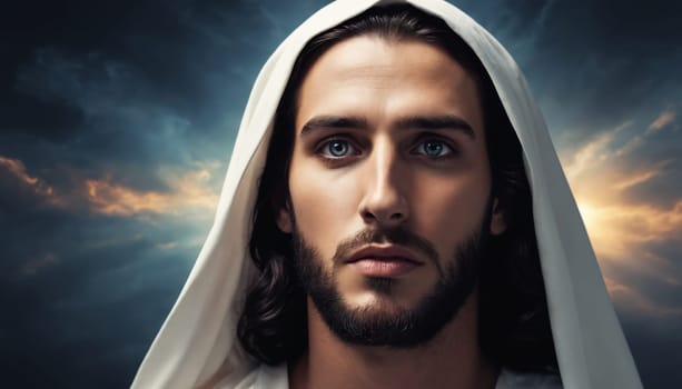 A portrait of a young Jesus Christ, with long brown hair and beard, dressed in a simple white robe, stands before a radiant, golden cross with his hands clasped in prayer. The image captures a moment of quiet contemplation and devotion, bathed in the soft light of heaven.