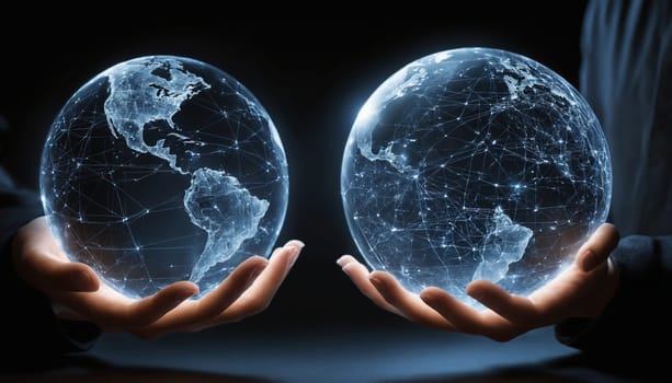 Two hands gently hold two glowing, ethereal Earth globes. The globes are comprised of a digital network of lines and connections, representing the global interconnectedness of the modern world. The image conveys concepts of communication, technology, and global collaboration.