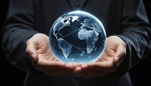 A close-up image of a persons hands carefully holding a digital globe, with a network of lines connecting continents. The image symbolizes the interconnectedness of the world and the impact of technology on global communication and business.