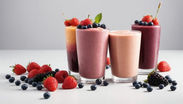 Four tall glasses filled with vibrantly colored berry smoothies are arranged on a white surface, surrounded by fresh blueberries, strawberries, and blackberries. The smoothies are a mix of pink, orange, and purple, each topped with a medley of berries and a sprig of fresh mint. The image evokes a sense of summery refreshment and healthy indulgence.