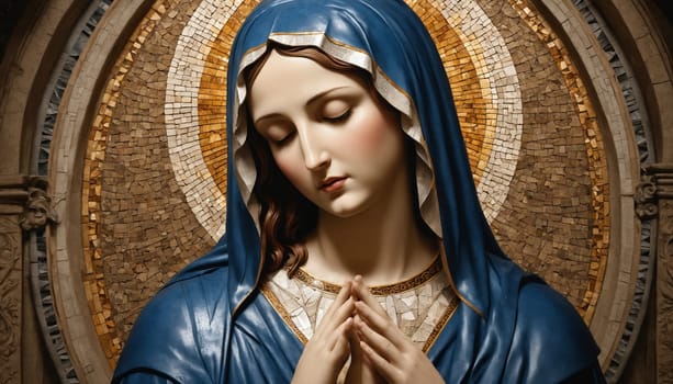 A close-up image of a mosaic depicting the Virgin Mary, with her head bowed in prayer, hands clasped together. The intricate mosaic details, predominantly in shades of gold and blue, create a striking visual effect against the backdrop of a white tiled wall, hinting at the presence of a religious site.