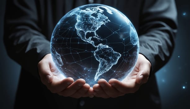 An image showcasing a persons hands cupping a digital globe composed of interconnected lines and glowing points. The globe represents the interconnectedness of the world, while the hands symbolize care and responsibility. The image evokes a sense of progress and interconnectedness.
