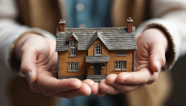 A persons hands carefully cradle a miniature house model, representing dreams of homeownership or the importance of shelter and family. The warm lighting and soft focus create a feeling of intimacy and care.