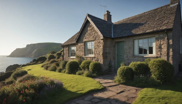A charming stone cottage with a green door stands on a grassy cliff overlooking a calm sea at sunset. The house features a slate roof, small windows, and manicured bushes in the front yard. The picturesque scenery showcases the beauty of the rugged coastline.