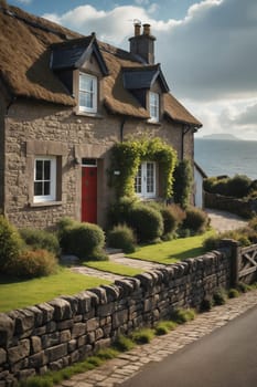 A charming stone cottage with a green door stands on a grassy cliff overlooking a calm sea at sunset. The house features a slate roof, small windows, and manicured bushes in the front yard. The picturesque scenery showcases the beauty of the rugged coastline.