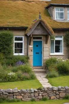 A charming cottage with a grass-covered roof stands amidst a well-kept garden. The front door is a bright blue, inviting visitors to step inside. Stone walls and a lush green lawn complete the picture of idyllic countryside living.
