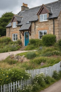 A charming stone cottage with a blue front door and a white picket fence sits on a hill overlooking a lush green meadow. The cottage is surrounded by a garden with wildflowers, creating a beautiful and peaceful scene. The sky is clear and blue, and the sun is shining brightly.