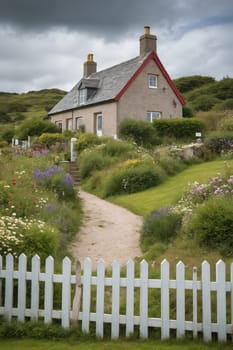 A charming stone cottage with a blue front door and a white picket fence sits on a hill overlooking a lush green meadow. The cottage is surrounded by a garden with wildflowers, creating a beautiful and peaceful scene. The sky is clear and blue, and the sun is shining brightly.