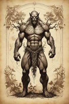 This is a digital illustration of a muscular, humanoid creature with pointed ears, a thick beard, and a wild expression, standing against a parchment background. He appears to be half-human, half-beast, with his body covered in vines and leaves, and his gaze locked on the viewer. The creatures strong build and aggressive stance suggest a powerful protector of the forest.