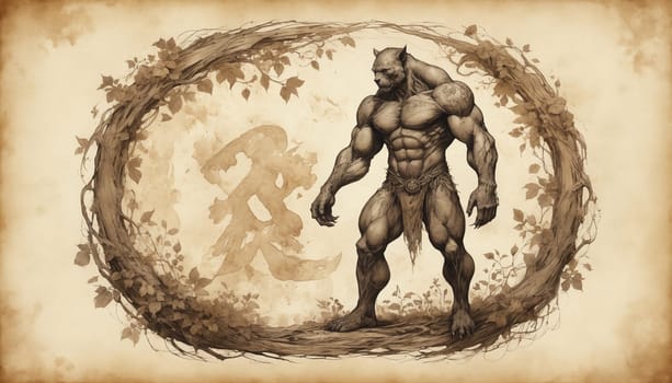 A detailed pencil drawing depicts a muscular werewolf-like creature standing amidst a tangled forest. Its imposing physique and sharp claws suggest a wild, untamed nature. The creatures intense gaze and powerful stance convey a sense of dominance and primal strength.