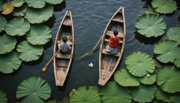 Two people sit in wooden boats, gliding peacefully through a serene lake covered in vibrant green lotus pads. The sunlight illuminates the scene, casting a warm glow on the water and leaves.