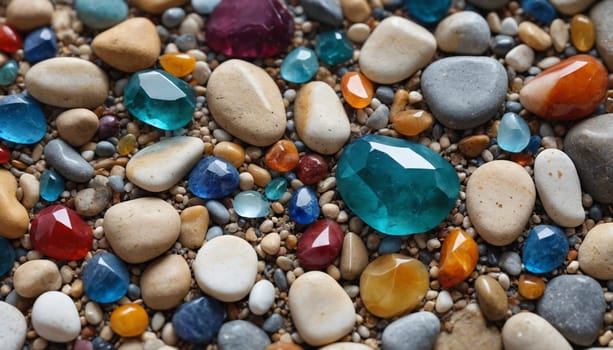A close-up photograph of a collection of smooth, rounded stones and small, colorful gems. The stones are primarily light brown and gray, while the gems display a variety of hues, including blue, red, orange, and purple. The image captures a sense of natural beauty and tranquility, highlighting the intricate details of the individual stones and gems.