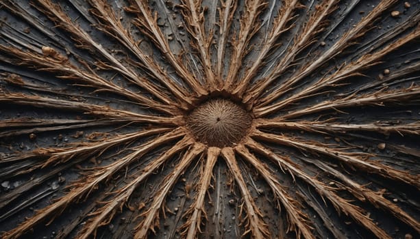 A close-up image showcases a dried palm frond with its intricate radial pattern. The center of the frond is a dark, circular hub from which numerous brown, thin, and fibrous strands extend outwards, creating a mesmerizing sunburst effect.