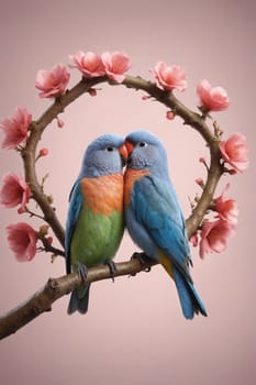 Two small birds, perched on a branch adorned with delicate pink blossoms, are locked in a tender embrace. The birds vibrant blue and green feathers contrast beautifully with the soft pastel pink of the blossoms. The simple background highlights the intimate moment shared between the pair.