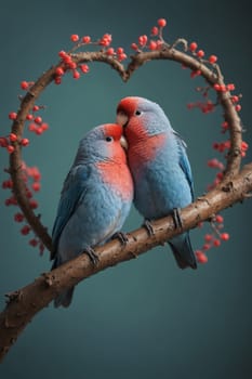 Two lovebirds, with vibrant blue and red plumage, perch on a branch, forming a heart shape with their bodies. They gaze lovingly at each other, creating a heartwarming scene of affection and connection. The birds are positioned against a soft brown background, highlighting their vibrant colors.