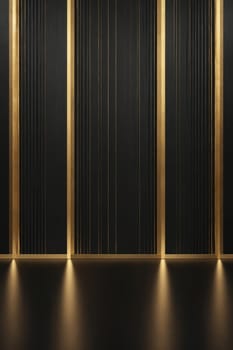 A close-up photograph of a black panelled wall with gold trim and three spotlights illuminating the bottom of the wall, casting warm rays of light.