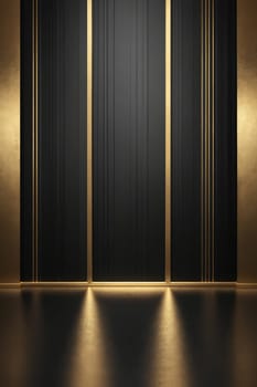 A minimalist design aesthetic with a black, textured wall accented by thin gold vertical lines. The scene is illuminated by soft, golden light that casts a warm glow on the floor, creating a dramatic and elegant atmosphere.