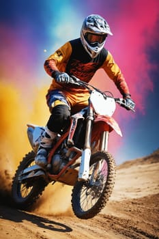 A motocross rider, clad in protective gear, maneuvers their dirt bike over a jump, sending a plume of dust into the air. The vibrant colors of the sky create a backdrop for the riders intense focus and determination.