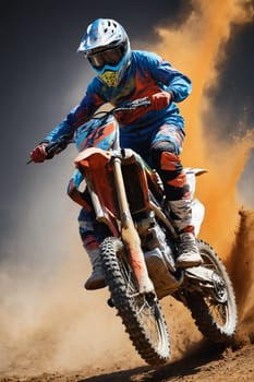 A motocross rider in full gear is seen soaring through the air on their dirt bike, kicking up a cloud of dust as they navigate a challenging track.