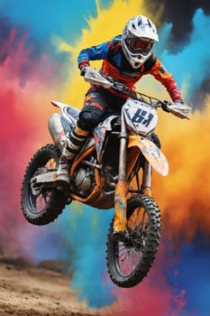 A dirt bike rider speeds across a dusty track, leaving a trail of brown behind them. The rider is wearing protective gear and is leaning into the turn, as they navigate the challenging terrain.
