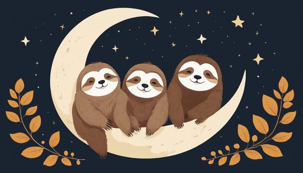 A digital illustration of three sloths resting on a crescent moon in the night sky. The sloths are smiling and appear to be sleeping. There are also stars and branches with leaves in the background.