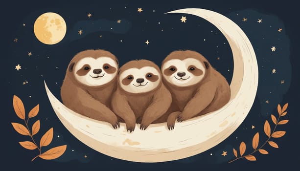 This illustration features two adorable sloths nestled together on a crescent moon, surrounded by twinkling stars and a glowing full moon in the background. The sloths are depicted with sweet smiles, suggesting a sense of contentment and companionship. The overall scene exudes a sense of tranquility and peacefulness, reminiscent of a cozy night sky.