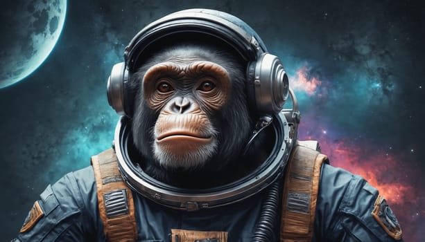 A chimpanzee wearing an astronaut suit and headphones, with a serious expression on its face, stands against a backdrop of a colorful nebula and a distant moon. The image evokes a sense of wonder and exploration, suggesting a journey into the unknown.