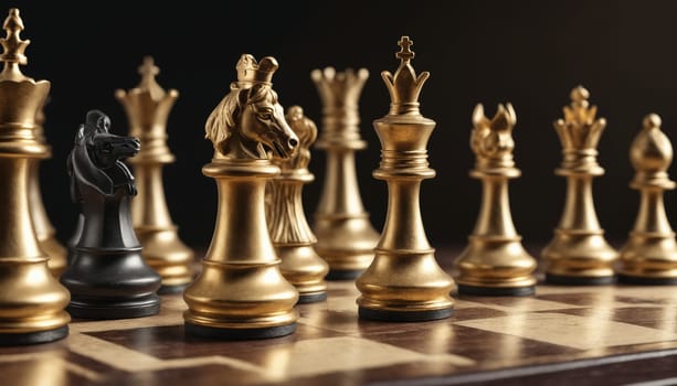 A close-up shot of a chessboard featuring golden chess pieces arranged in a strategic formation. The focus is on the queen, which stands prominently in the center of the frame. The pieces are illuminated by a warm, golden light, creating a dramatic and elegant effect.