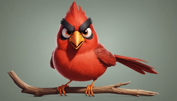 A digital illustration of a red cardinal, rendered in a cartoonish style, perched on a thin twig. The bird has a dark, frowning expression on its face, suggesting a grumpy or annoyed attitude. The illustrations background is a muted green, with the focus solely on the cardinal and the branch.