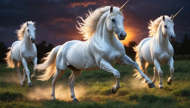 Three white unicorns with flowing manes run across a green field with a sunset in the background. The unicorns horns are gold and they are all moving in the same direction.