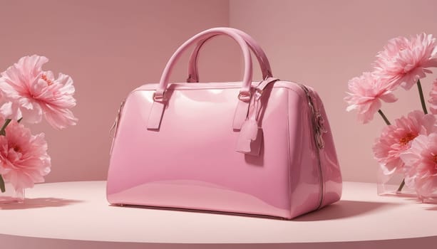 A pink patent leather handbag rests on a pale pink surface, framed by delicate peach blossoms. The shiny, smooth surface of the handbag reflects the soft light, adding a touch of elegance to the image. The flowers, with their soft petals and delicate fragrance, add a touch of femininity and beauty to the composition.