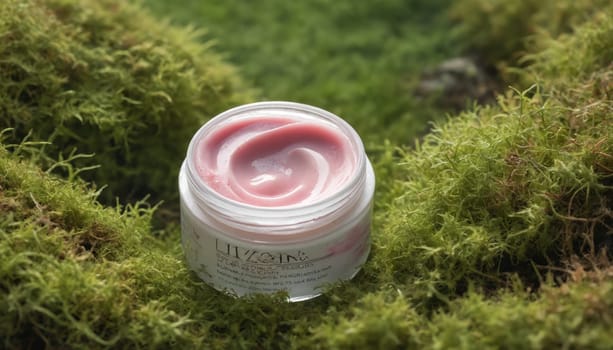 A close-up image of a jar of pink cream nestled in a bed of green moss. The cream has a soft, smooth texture and is ready to be applied to the skin. The jar is slightly tilted, and the surrounding moss creates a natural and serene backdrop.