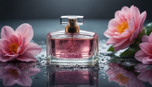 A glass bottle of perfume sits on a wet, dark surface, surrounded by delicate white and pink flowers. The reflection of the bottle and the flowers in the water creates a beautiful and symmetrical composition.