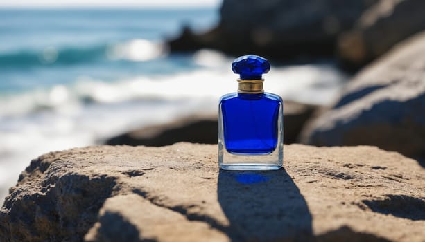 A close-up image of a blue glass bottle of perfume, sitting on a sandy beach. The bottle is in focus, while the background of ocean waves and rocks is blurred. The image is bright and sunny, giving the impression of a warm summer day.