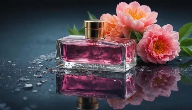 A glass bottle of perfume sits nestled among delicate pink blossoms, reflecting on a dark, wet surface. Water droplets adorn the bottle and the petals, creating a shimmering, ethereal scene.