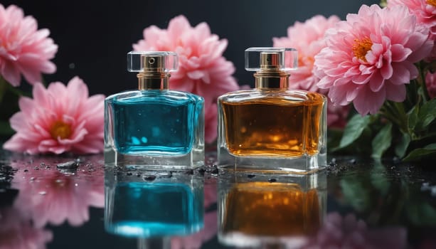 A clear glass perfume bottle sits on a dark background, its amber liquid shimmering like sunlight. The bottle is surrounded by delicate pink flowers, their petals soft and velvety. The scene is both elegant and serene, suggesting a fragrance that is as beautiful as the blossoms that surround it.