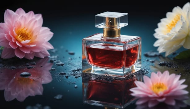A glass bottle of perfume sits on a wet surface, reflecting the light and the surrounding pink flowers. The delicate petals of the flowers are beautifully contrasted by the clear glass and the rich, red liquid inside the bottle.
