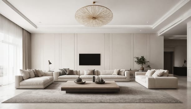 A modern living room with a large sectional sofa and matching armchairs, a coffee table with books and a decorative centerpiece. The walls are white and the curtains are a light beige. The room is decorated with a neutral color palette and features a modern abstract painting over the mantle. The room is well-lit with natural light coming in through the windows.