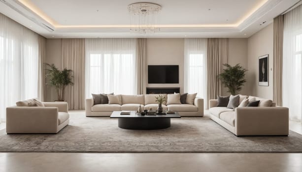 A modern living room features three plush beige couches arranged around a circular coffee table. Natural light streams in through large windows with sheer curtains, illuminating the space. A minimalist fireplace adds a touch of warmth, while the simple décor enhances the rooms elegance.