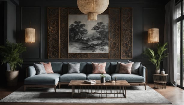 A contemporary living room features a gray sofa with soft cushions, a wooden coffee table, and two potted plants. The focal point is a decorative wall panel made of intricately woven materials, adding a unique texture and dimension to the space.