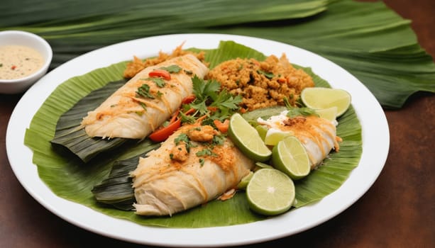 A close-up view of a delicious dish featuring two bamboo-wrapped fish, served on a bed of banana leaves. The fish is coated in a vibrant orange sauce and surrounded by golden cornbread squares. A small bowl of spicy sauce is visible in the background.