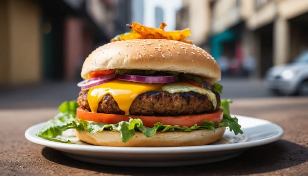 A close-up photo of a cheeseburger with melted cheese, lettuce, tomato, and a sesame seed bun on a white plate. The burger is on a dark wood table with a side of fries and a bowl of sauce in the background.