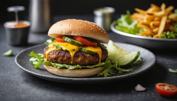 A close-up photo of a cheeseburger with melted cheese, lettuce, tomato, and a sesame seed bun on a white plate. The burger is on a dark wood table with a side of fries and a bowl of sauce in the background.