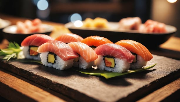 A close-up shot of a variety of colorful sushi rolls, carefully arranged on a black slate plate. The rolls are topped with fresh, raw fish, and each one is neatly wrapped in rice and seaweed. The plate sits on a wooden surface, and the warm lighting casts a gentle glow on the scene.