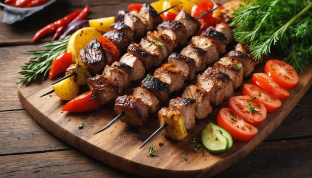 A close-up shot of perfectly grilled skewers featuring juicy meat, colorful bell peppers, and ripe tomatoes, resting on a rustic wooden cutting board. The skewers are garnished with fresh herbs and surrounded by a blurred background of fresh greenery, creating a visually appealing and appetizing scene.